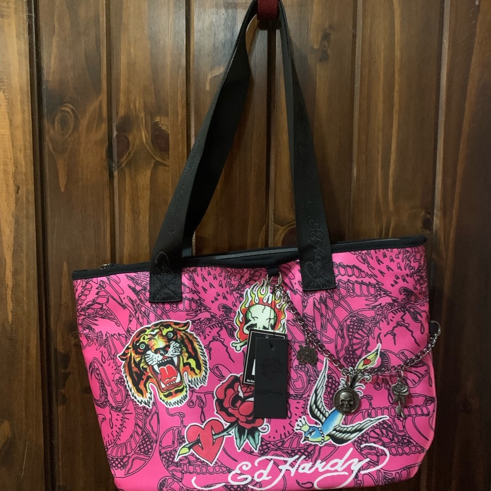 Ed Hardy Pink and Black Graphic Tote